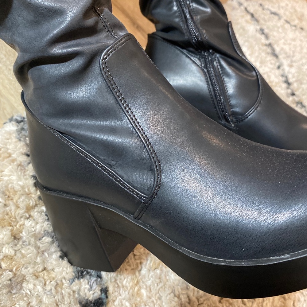 Thigh High Vegan Leather Chunky High Heel Boots OTK - Picture 5 of 13